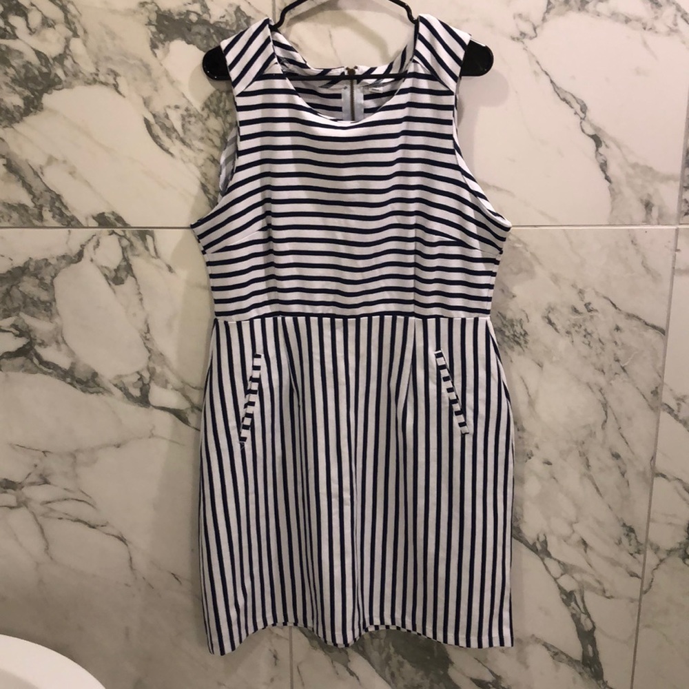 Navy blue and white stripped dress with pockets